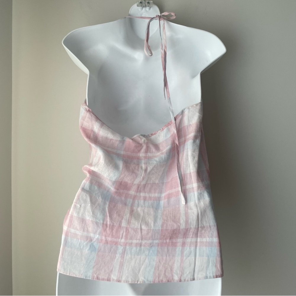 Lovestitch Pale Pink Blue Linen Halter Wrap Plaid Top Size Medium - Picture 2 of 8